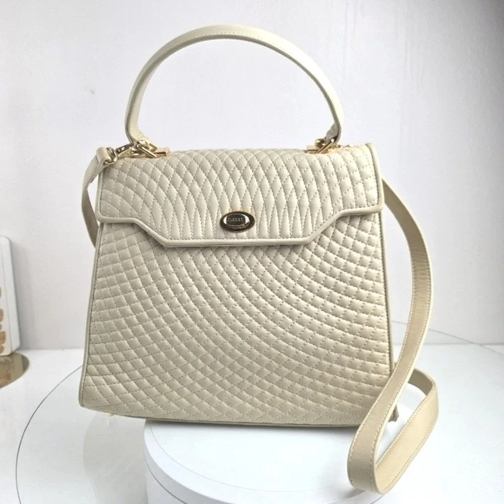 Bally Vintage Cream Quilted Leather Top Handle Bag Crossbody Made in Italy